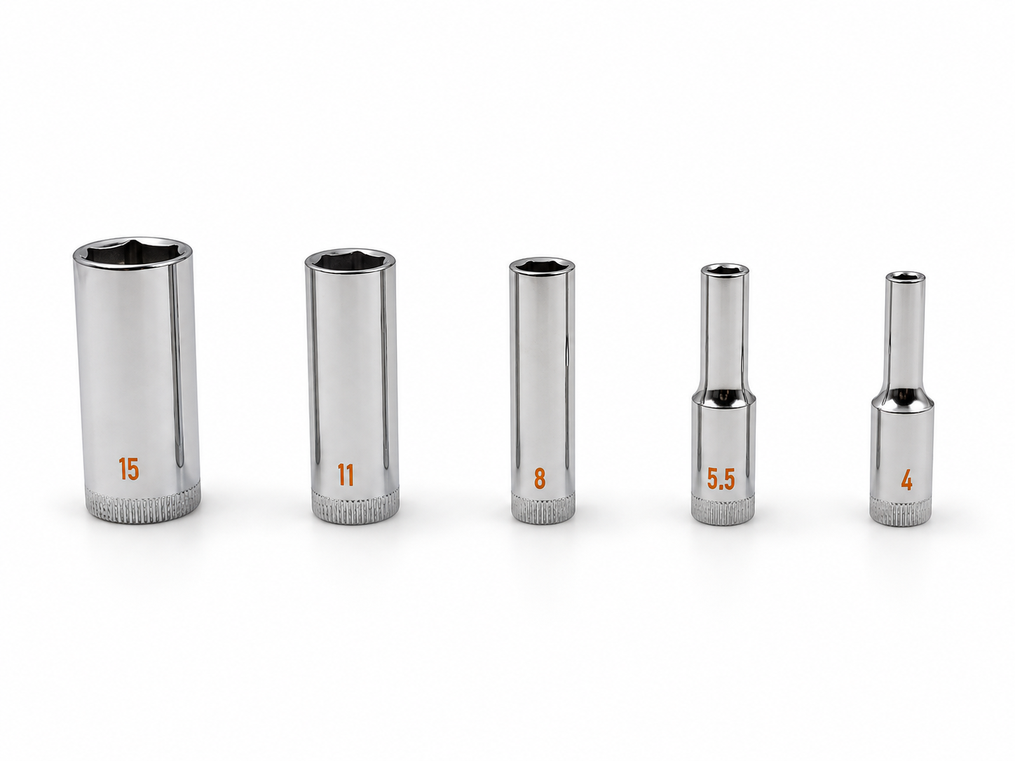 A range of chrome sockets in different sizes